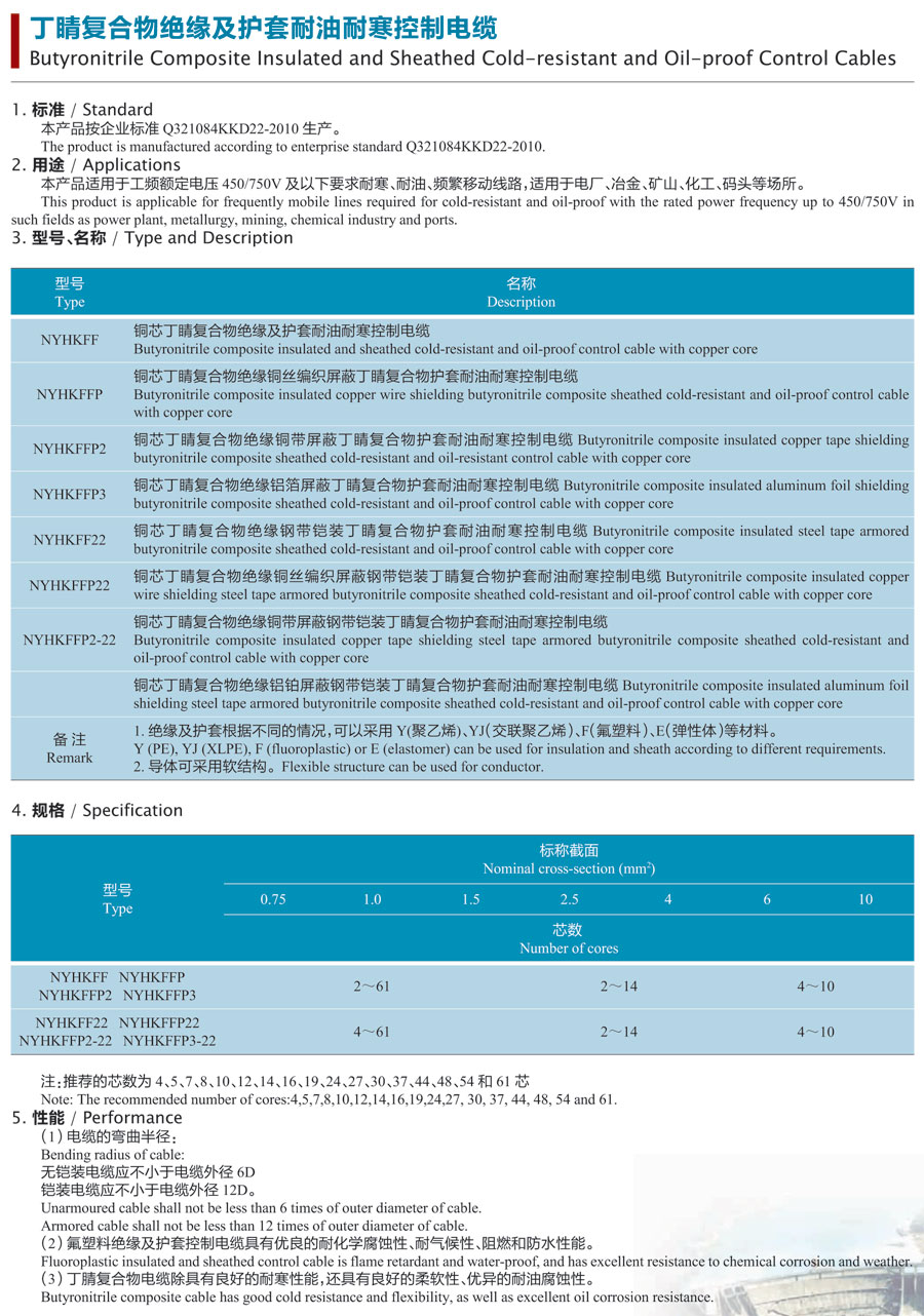 丁睛复合物绝缘及护套耐油耐寒控制电缆